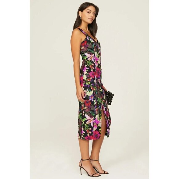 Marchesa Notte Floral Print Tea Length Sheath Midi Dress Black Womens 2 - Picture 16 of 16